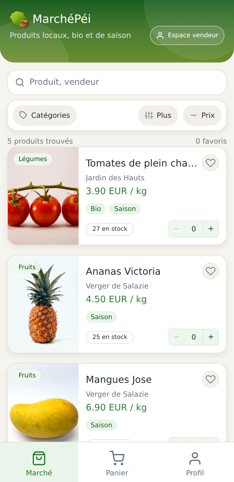 Capture réelle de l’application MarchePei affichant la page catalogue marché